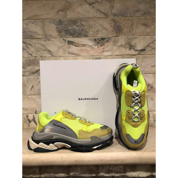Balenciaga Triple S Sneaker Neon Yellow Grey Speed Flat Trainer 44 Mens US 11 - Picture 3 of 12